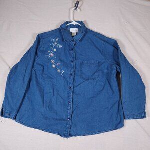 Country Store Floral Embroidered Blue Denim Shirt Womens 2X Long Sleeve Boho